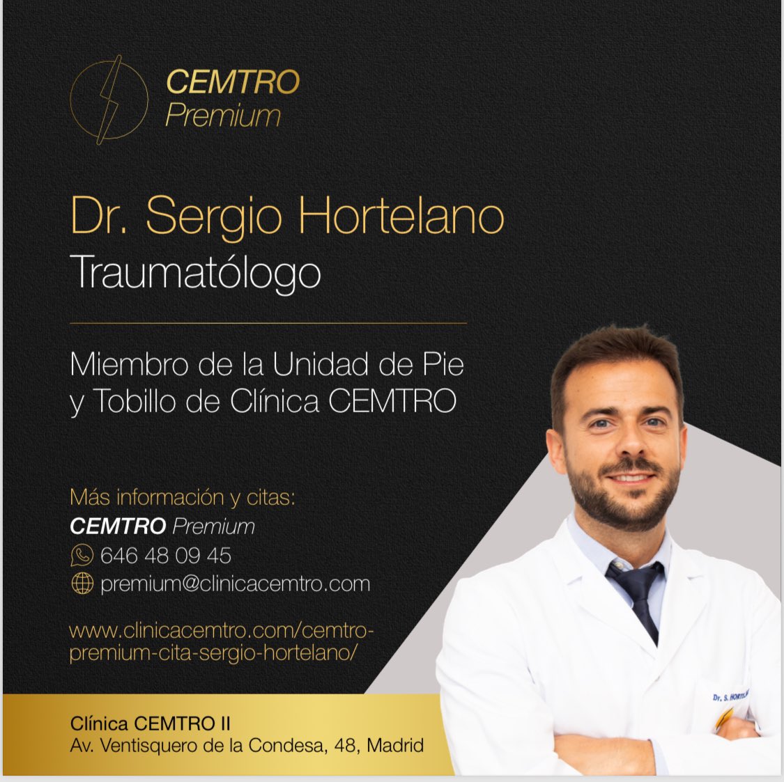 🔴CONSULTAS PREMIUM INMEDIATAS UNIDAD PIE TOBILLO🔴

▪️Urgencias tras fracturas o esguinces.
▪️Segunda opinión para una cirugía.
▪️Valoración inmediata de Resonancias o Radiografías.
▪️Cirugías fallidas previas
▪️Radiofrecuencia Neuroma de Morton

👇🏼   👇🏼
clinicacemtro.com/cemtro-premium…