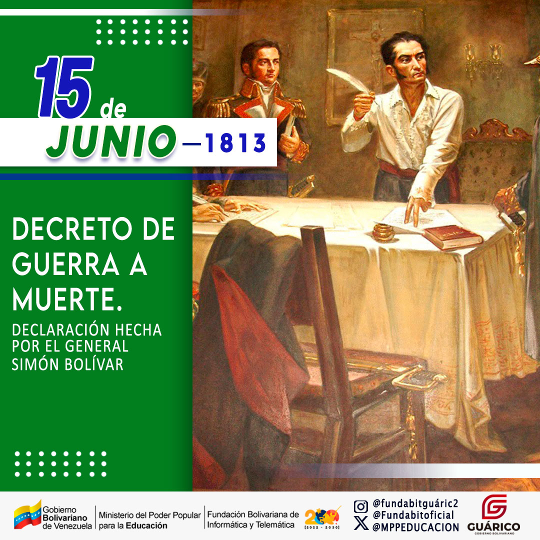 fundabitguaric2's tweet photo. Se cumplen 211 años desde que el Libertador Simón Bolivar firmo el Decreto de Guerra a Muerte durante la Campaña Admirable. ¡Recordemos con respeto y gratitud a aquellos que sacrificaron tanto por la libertad. 🇻🇪
@NicolasMaduro @_LaAvanzadora
@Fundabit_

#NicoLike https://t.co/qS5Qf3cOpM
