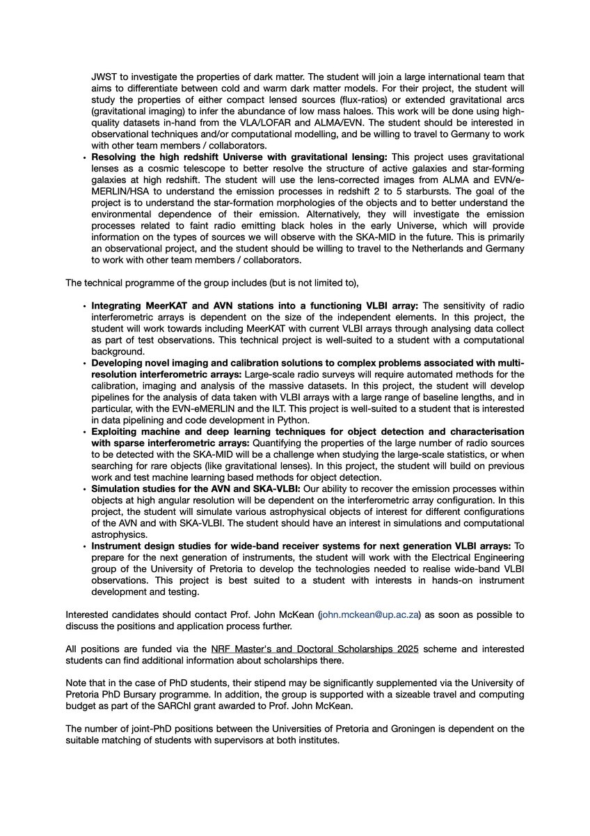John McKean (@profjpmckean) on Twitter photo We are currently interviewing for the 2025 intake of MSc and PhD students. If you are interested in studying the Universe at the highest angular resolution (or know someone else who might), then please get in touch to join our team! <a href="/UPTuks/">University of Pretoria</a> <a href="/SKA_Africa/">NRF/SARAO</a> <a href="/KapteynAstro/">Kapteyn Astronomical Institute</a> <a href="/SKAO/">SKA Observatory</a> #VLBI We are currently interviewing for the 2025 intake of MSc and PhD students. If you are interested in studying the Universe at the highest angular resolution (or know someone else who might), then please get in touch to join our team! <a href="/UPTuks/">University of Pretoria</a> <a href="/SKA_Africa/">NRF/SARAO</a> <a href="/KapteynAstro/">Kapteyn Astronomical Institute</a> <a href="/SKAO/">SKA Observatory</a> #VLBI