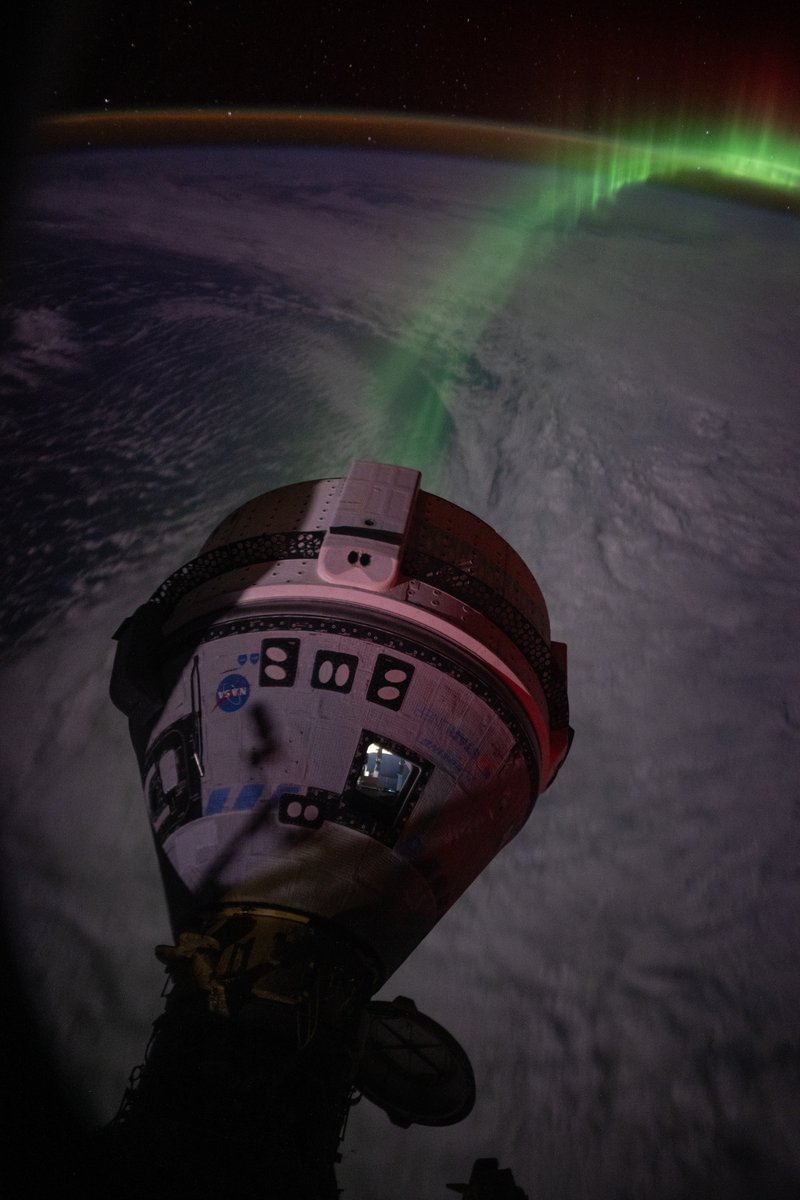 Matthew Dominick (@dominickmatthew) on Twitter photo We have been looking at aurora out the cupola windows a lot lately. Starliner  was  doing  some  testing  today  so  we  decided  to  check  it  out  from  the  Dragon  windows.  Timing was great for the aurora to line up  nicely with Starlinerās service module thrusters. We have been looking at aurora out the cupola windows a lot lately. Starliner  was  doing  some  testing  today  so  we  decided  to  check  it  out  from  the  Dragon  windows.  Timing was great for the aurora to line up  nicely with Starlinerās service module thrusters.