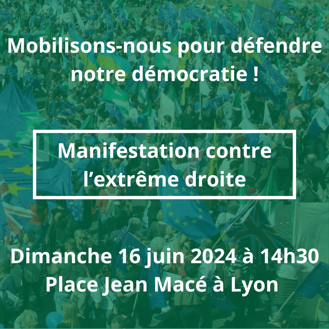 L'extrême droite a été, est et restera toujours le plus grand danger pour la démocratie, nos droits et libertés fondamentaux et la construction européenne.
Les 30 juin et 7 juillet, votons ! D'ici là, mobilisons-nous !
📣A Lyon, dimanche 16 juin, RDV à 14h30, Place Jean Macé !