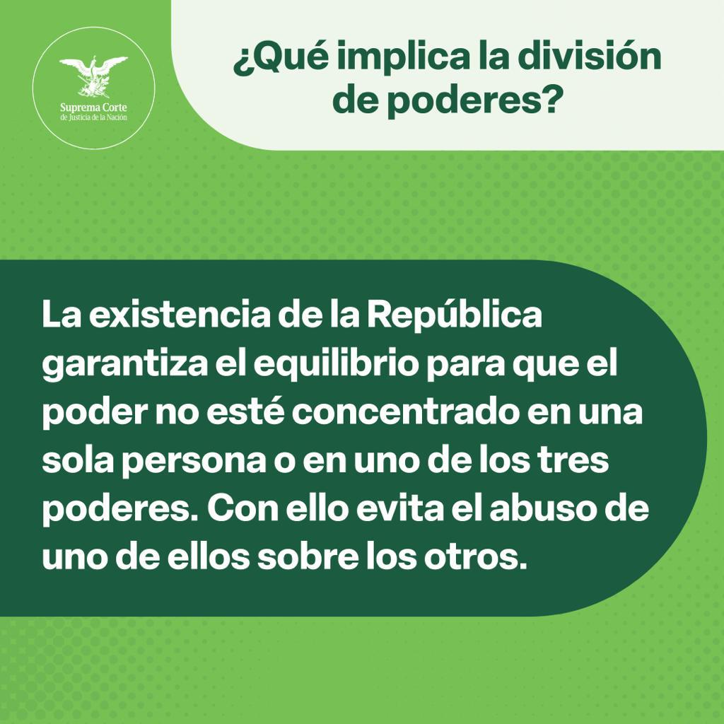 SCJN's tweet photo. La división de poderes se establece en #LaConstitución y tiene por objeto evitar el abuso y concentración del poder público.

Conoce por qué es importante respetar la división de poderes 👇

#LaCorteContigo
#SaberEsTuDerecho https://t.co/uvA4b1h7iY