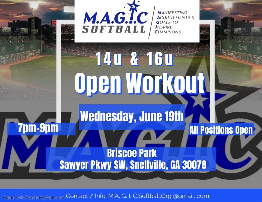 MagicSoftball18's tweet photo. M.A.G.l.C Open Workouts! Join us Wed 6/19. Your chance to hit, catch & show off your softball skills. See you there! #Manifesting #Achievements #Goals #Inspire #Champions #TeamMAGIC #MAGICsoftball #DiscoverYourMAGIC #ChampionMindset #softball #fastpitch #14u #16u #openworkouts https://t.co/gwdCPE2MUI