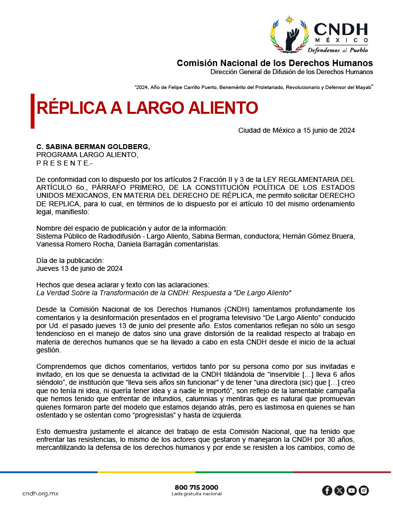 CNDH's tweet photo. Compartimos nuestra réplica a los comentarios y la desinformación sobre la labor de la #CNDH durante la administración de la Presidenta @RosarioPiedraIb , presentados en el programa televisivo "De Largo Aliento", conducido por @SabinaBermanTV, emitido el pasado jueves.
🧵 https://t.co/OVJdpwrg6F
