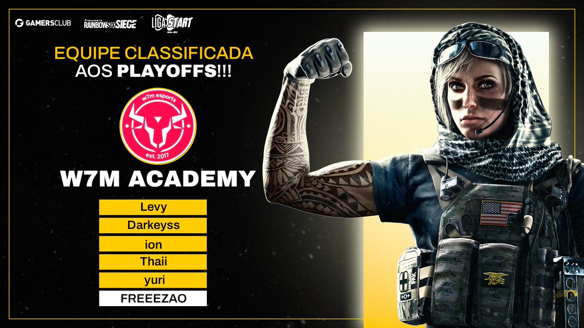 A <a href="/w7mesports/">w7m esports</a> Academy está classificada para os playoffs da Liga START! ✅🐂

🇧🇷 <a href="/levyR6S/">Levy</a> 
🇧🇷 <a href="/Darkeyss_R6/">Darkeys</a> 
🇧🇷 <a href="/ionosawa/">Elevate ion</a> 
🇧🇷 <a href="/thaii_xx/">Thaii</a> 
🇧🇷 <a href="/yurivst6/">yuri</a> 
🇧🇷 <a href="/freeezao/">Elevate frezao</a> 

#LigaSTART