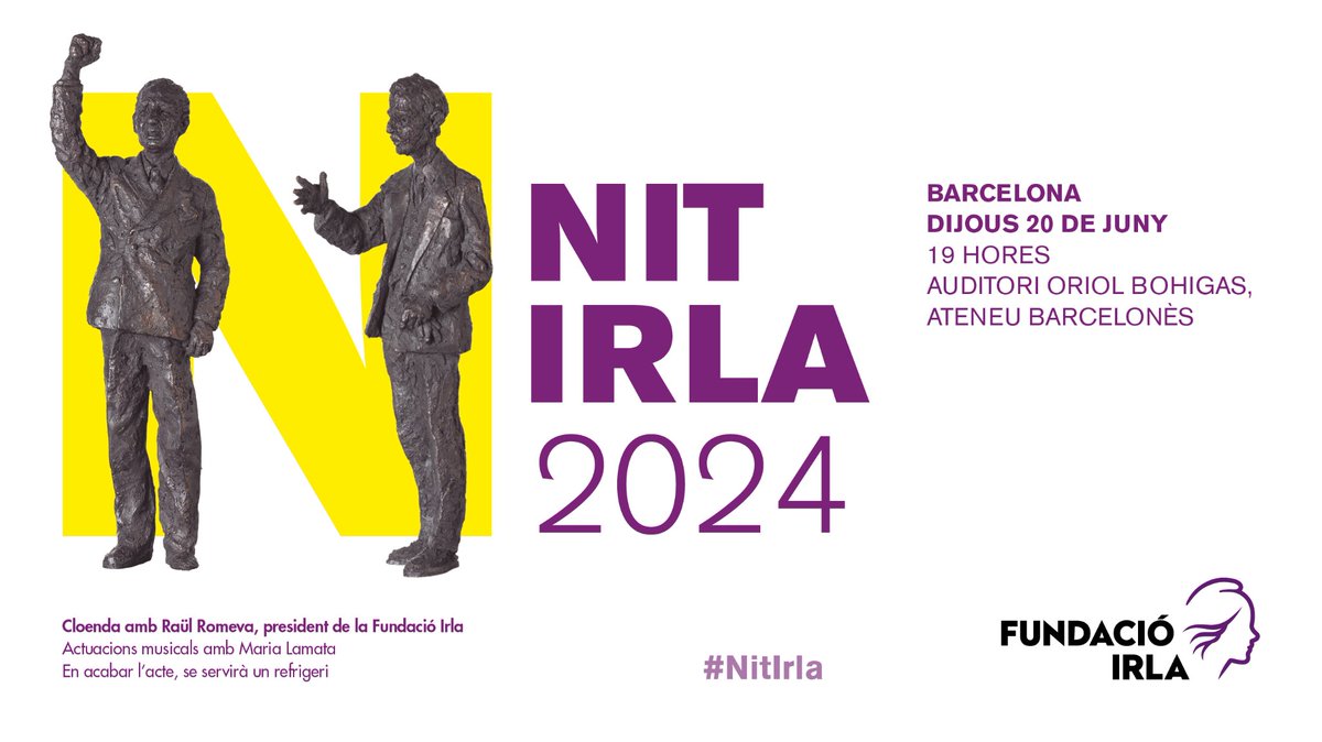 Arriba la 🎊 #NitIrla 2024!

📆 Dijous 20 de juny
🕖 19h
📍 Auditori Oriol Bohigas de l'@ateneubcn
 🗣️ La cloenda anirà a càrrec de <a href="/raulromeva/">Raül Romeva i Rueda</a> i durant l'entrega de premis podrem gaudir de les 🎤 actuacions musicals de <a href="/mlamatamusic/">Maria Lamata</a> 
 
Inscripcions 📲 i.mtr.cool/fxztxlhosi