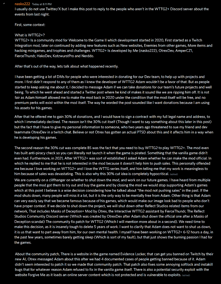 nasko222's tweet photo. Main dev of Welcome to the Game 2+ Mod here. In response to @thewebpro 

The message is in image, due to it being too long for Twitter/X https://t.co/zbsg5slhP5