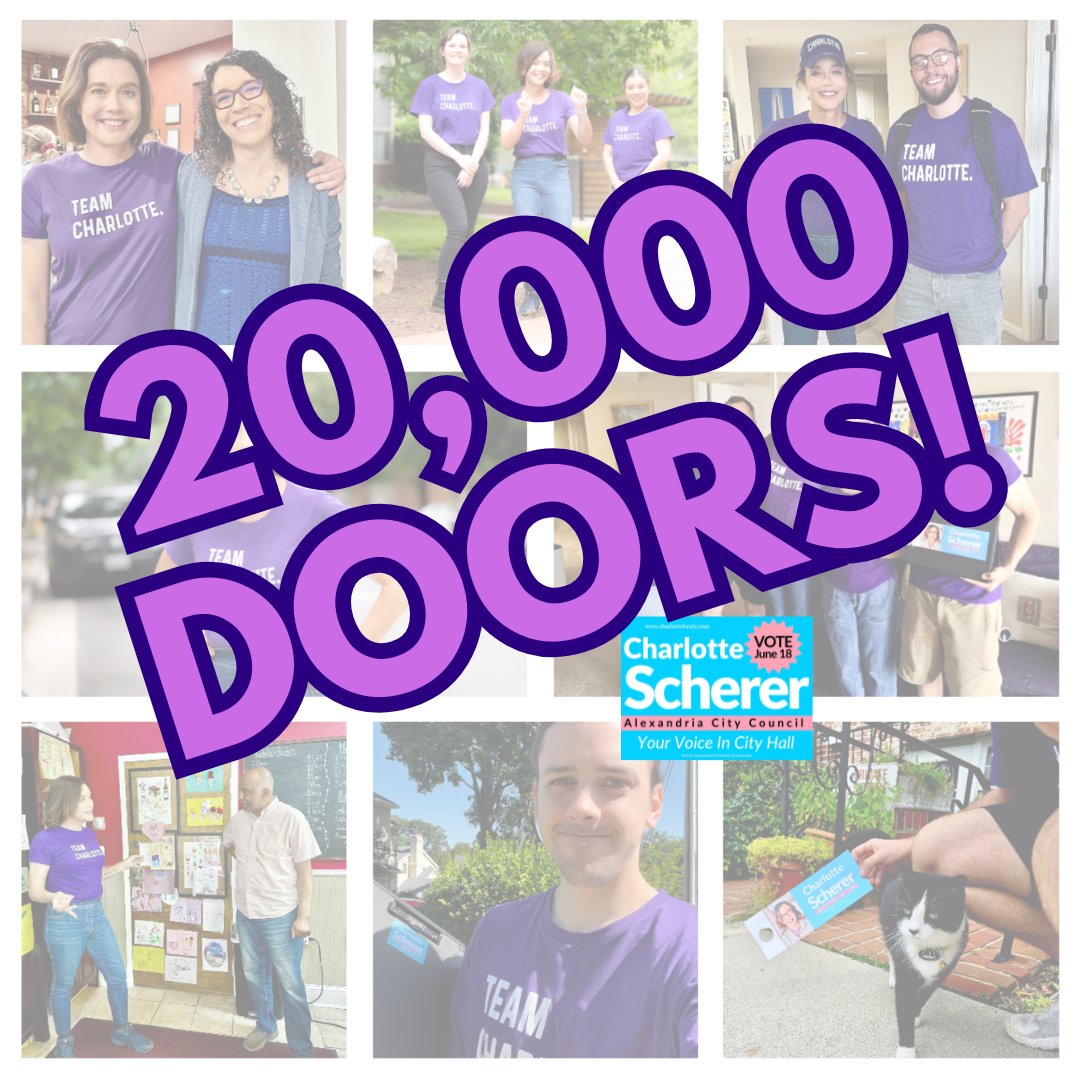 🎉 Milestone alert: Team Charlotte hit 20k doors in our campaign! Rain or shine, we're spreading transparency, accountability, and responsiveness to Alexandrians. Vote June 18th! 📷#CharlotteForAlexandria  
Learn more: charlotteforalx.com