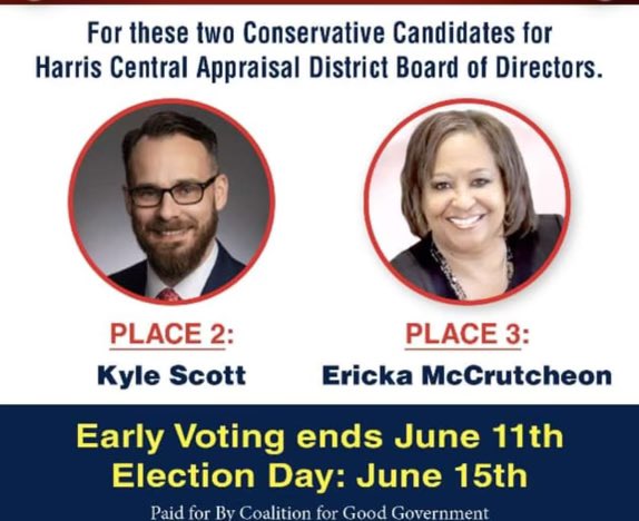 If you live in Harris County there is a RUN- OFF Election TODAY!

The public passed Proposition 4 by 83% in November 2023, which had this critical property tax reform in it, and it's up to the public to make an informed vote today, Saturday, June 15th.

I am voting for Kyle Scott