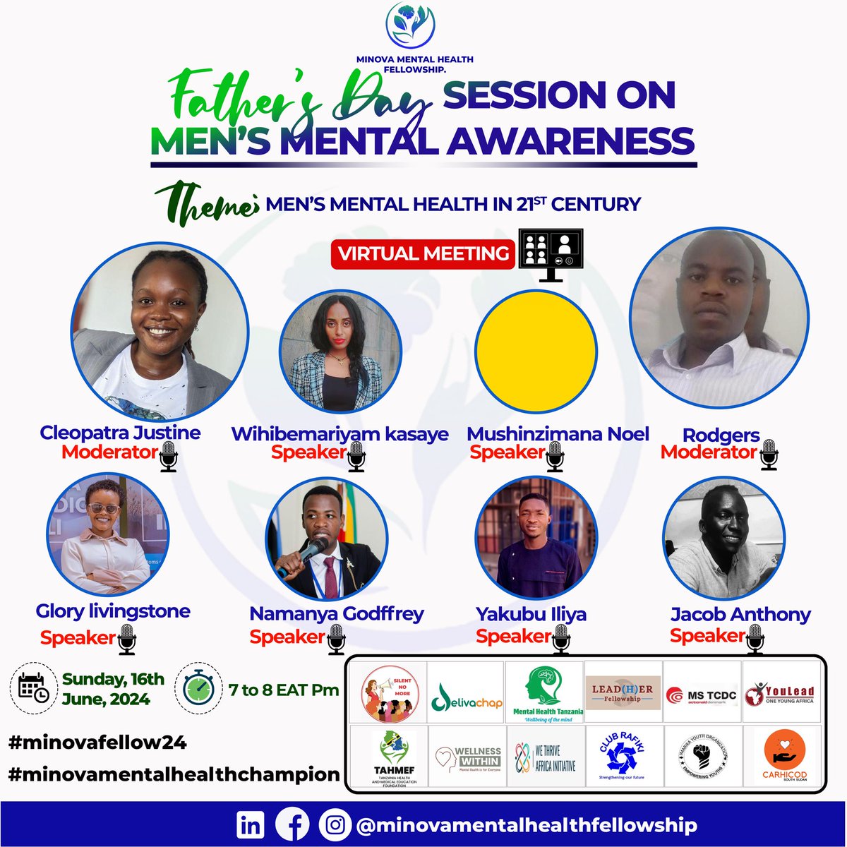 MiNova fellows cohort 2, their first advocacy virtual session. As we commemorate Father’s Day and continue Men’s Mental Health Awareness Month, we will host an online session about “Men’s Mental Health in the 21st Century.”

Meeting ID: 318 774 717 934
Passcode: DpZw6W