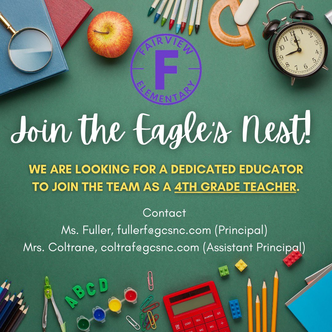 We are excited about welcoming a new 4th grade teacher to our team. If you are interested, feel free to send your resume to my AP and I. We can’t wait to meet you 💜🦅

High Point, NC