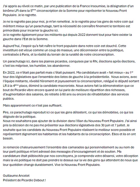 AnceletGuillau1's tweet image. Nous ne souhaitons pas ajouter de la division dans l’élan du Nouveau Front Populaire. J’ai ainsi pris la décision de ne pas me présenter aux élections législatives des 30 juin et 7 juillet⤵️
#nouveaufrontpopulaire