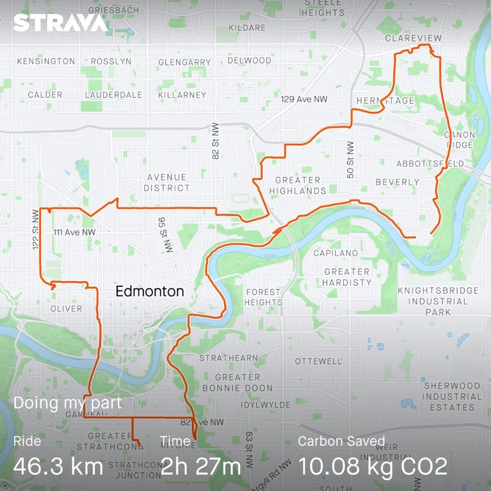 Caseychoma's tweet photo. Had to go places, took my bike, enjoyed it all.  That is never the case if I drive. Cycling and running have been huge game changers at this point in my life. Just go for it! #cycling #yegbike #cyclelife  #bikeeverywhere https://t.co/nK46KrT7gC