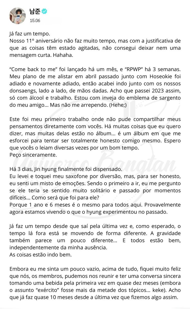 💌 Tradução da Carta do Namjoon - 15/06/24 “Sinto sua falta, então imagino  você, e porque imagino você, sinto mais sua falta. Eu me despeço agora  depois de perceber que muitas pessoas, image size:737x1200