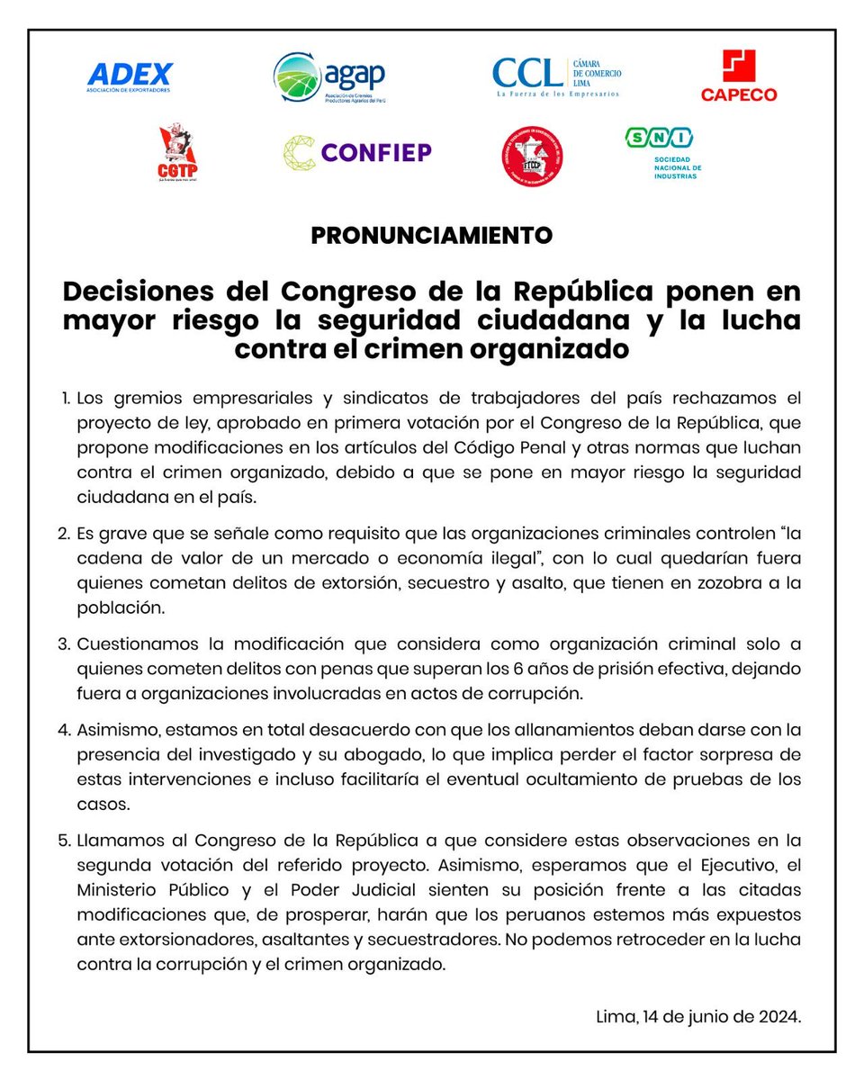 Ningún ciudadano de bien ni institución ocupada del progreso quiere que el Congreso se confirme por lo más lumpen de la sociedad. La unión que demuestra este comunicado es muy positiva!