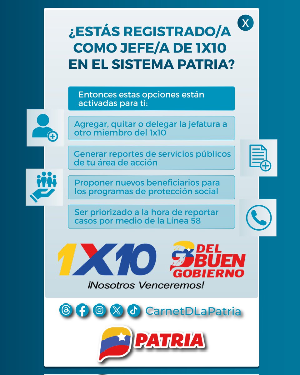 #ATENCIÓN ¿Estás registrad@ cómo jefe o jefa del 1x10 en el #SistemaPatria?
Entonces estas opciones están activadas para tí 👍🏼

#NicoLike #15Jun
