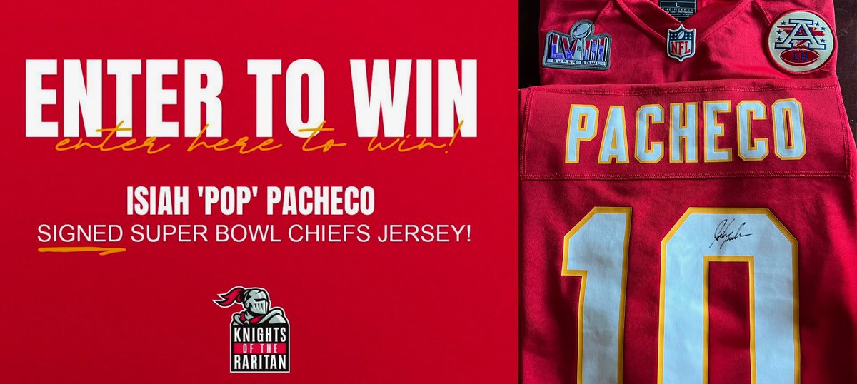 All <a href="/Chiefs/">Kansas City Chiefs</a> fans, $10 per entry to win a <a href="/isiah_pachecoRB/">Isiah Pacheco</a> signed Super Bowl jersey.

Proceeds go to <a href="/knightsraritan/">Knights Of The Raritan</a> which supports Pop’s alma mater <a href="/RFootball/">Rutgers Football 🪓</a>.

Enter here to win buy.stripe.com/28obJ13BNf6O89…

Please repost!