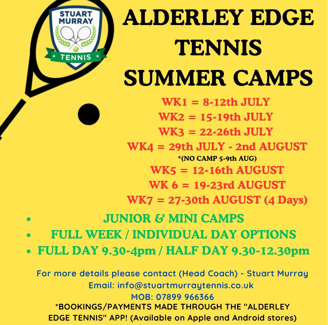 StuMurrayTennis's tweet photo. 🎾☀️ALDERLEY EDGE TENNIS - SUMMER CAMPS 2024!☀️🎾
#ComeJoinTheFun this Summer at our AMAZING Club with our AMAZING Coaches!
7wks of Top Quality Tennis &amp; other FUN activities to keep your kids entertained!
So what are 🫵 waiting for, go to the @AlderleyTennis App NOW &amp; book! https://t.co/FXqPYUZvZh
