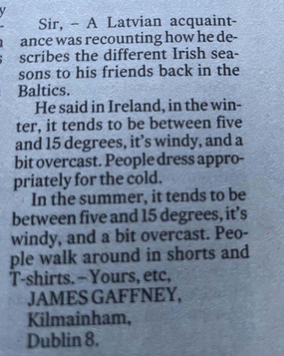 Love this from <a href="/IrishTimes/">The Irish Times</a> letters