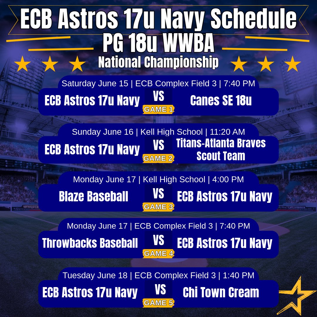ECB Astros Navy/Frye โพ๏ธ (@ecbastrosnavy) on Twitter photo 18u WWBA Schedule for our ECB Astros 17u Navy.
Game 1 Starting Pitcher:
Ross Rea (2025)
Uncommitted RHP/1B
Game 1: 7:40 PM Start Time
Field 3 | ECB Complex
<a href="/PG_Uncommitted/">PG_Uncommitted</a> <a href="/Official_ECB/">East Cobb Baseball</a>
#NattySeason 18u WWBA Schedule for our ECB Astros 17u Navy.
Game 1 Starting Pitcher:
Ross Rea (2025)
Uncommitted RHP/1B
Game 1: 7:40 PM Start Time
Field 3 | ECB Complex
<a href="/PG_Uncommitted/">PG_Uncommitted</a> <a href="/Official_ECB/">East Cobb Baseball</a>
#NattySeason