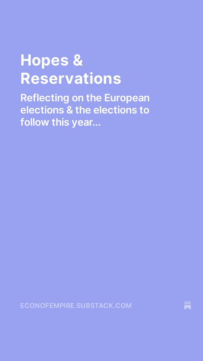 My first blog post on Substack.

Absolutely free to read &amp; this includes consideration of the origin of money, democracy &amp; hopes &amp; reservations following the recent European elections. 

Hopes &amp; Reservations open.substack.com/pub/econofempi…