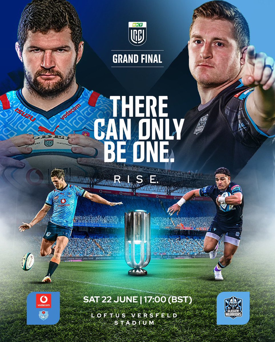 URCOfficial's tweet photo. Rise Vodacom @BlueBullsRugby &amp; @GlasgowWarriors fans 🐃🏆⚔️

Who’s lifting the trophy in Pretoria? 👀🏆

#BKTURC #URC | #BULvGLA https://t.co/Bmpt5azU7G