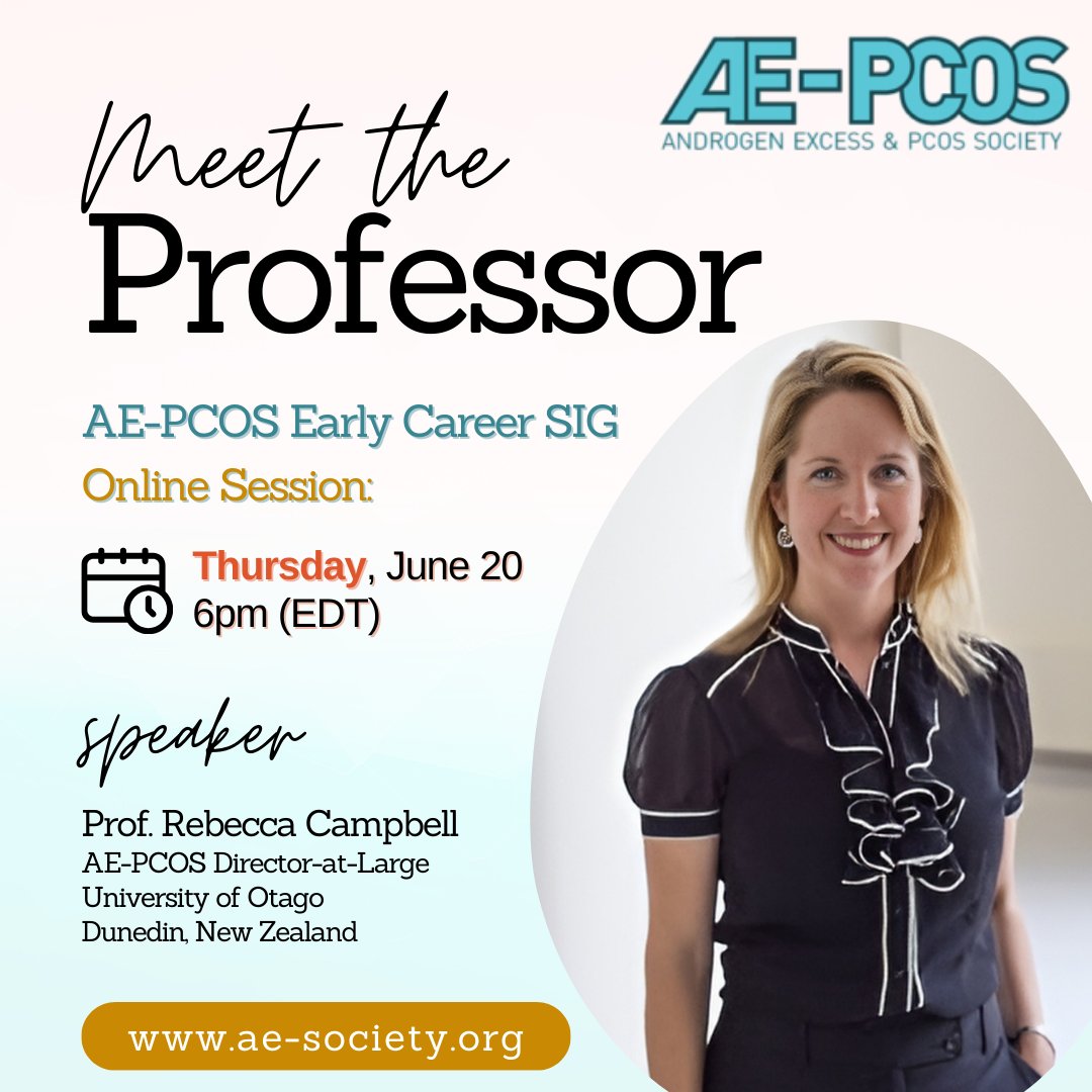 Androgen Excess Polycystic Ovary Syndrome Society (@aepcossociety) on Twitter photo 📣 Early Career Special Interest Group 👉 The next "Meet the Professor" session is with Prof <a href="/RECampbell_inNZ/">Rebecca Campbell</a>, Director-at-Large of AE-PCOS 🤩
🗓️ Thursday, June 20th, 6pm EDT (please check your timezone!)
🔗 Check your email for the Zoom link 👍 See you then! 📣 Early Career Special Interest Group 👉 The next "Meet the Professor" session is with Prof <a href="/RECampbell_inNZ/">Rebecca Campbell</a>, Director-at-Large of AE-PCOS 🤩
🗓️ Thursday, June 20th, 6pm EDT (please check your timezone!)
🔗 Check your email for the Zoom link 👍 See you then!