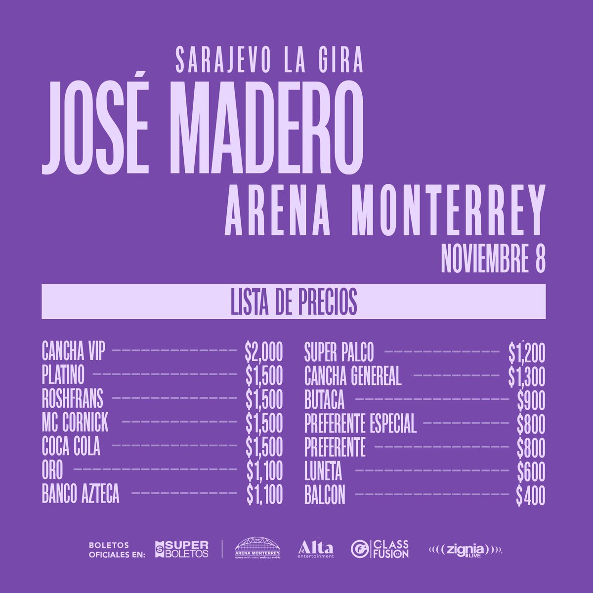 ClassMusic's tweet photo. Aquí les dejamos la lista de precios para el show de @jose_madero en la @arenamtyoficial 💜

Boletos disponibles a partir del 20 de junio por @superboletosmx #SaravejoLaGira #JoseMadero https://t.co/sVg1m0mitp