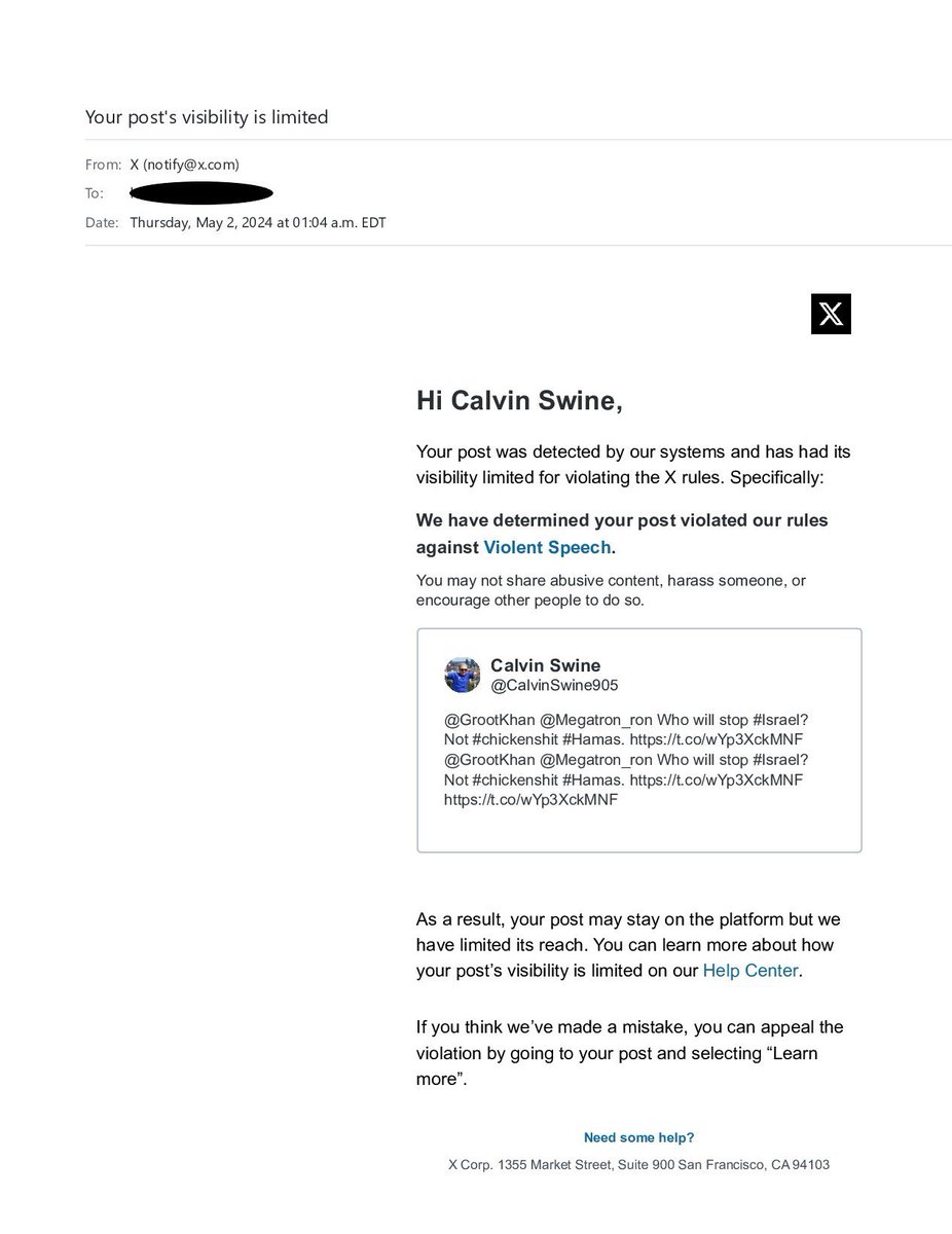 CalvinSwine905's tweet image. Yes I see this post but I have the same problem with my posts. They just seem to disappear into the ether.  Not all of them are serious, some are quite clever &amp;amp; funny.
This email I got from TwitterX says calling #Hamas chickenshit is too violent.🤷🏻‍♂️
#lowexpectations