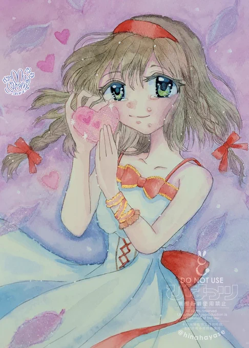 デジタルも透明水彩やコピックもいちばん拘って塗ってるのは『肌』肌の質感を生き生きさせたいのそう感じて頂けてたら嬉しいです要改良は『瞳』これは頑張るね!もっともっと良くしたい 