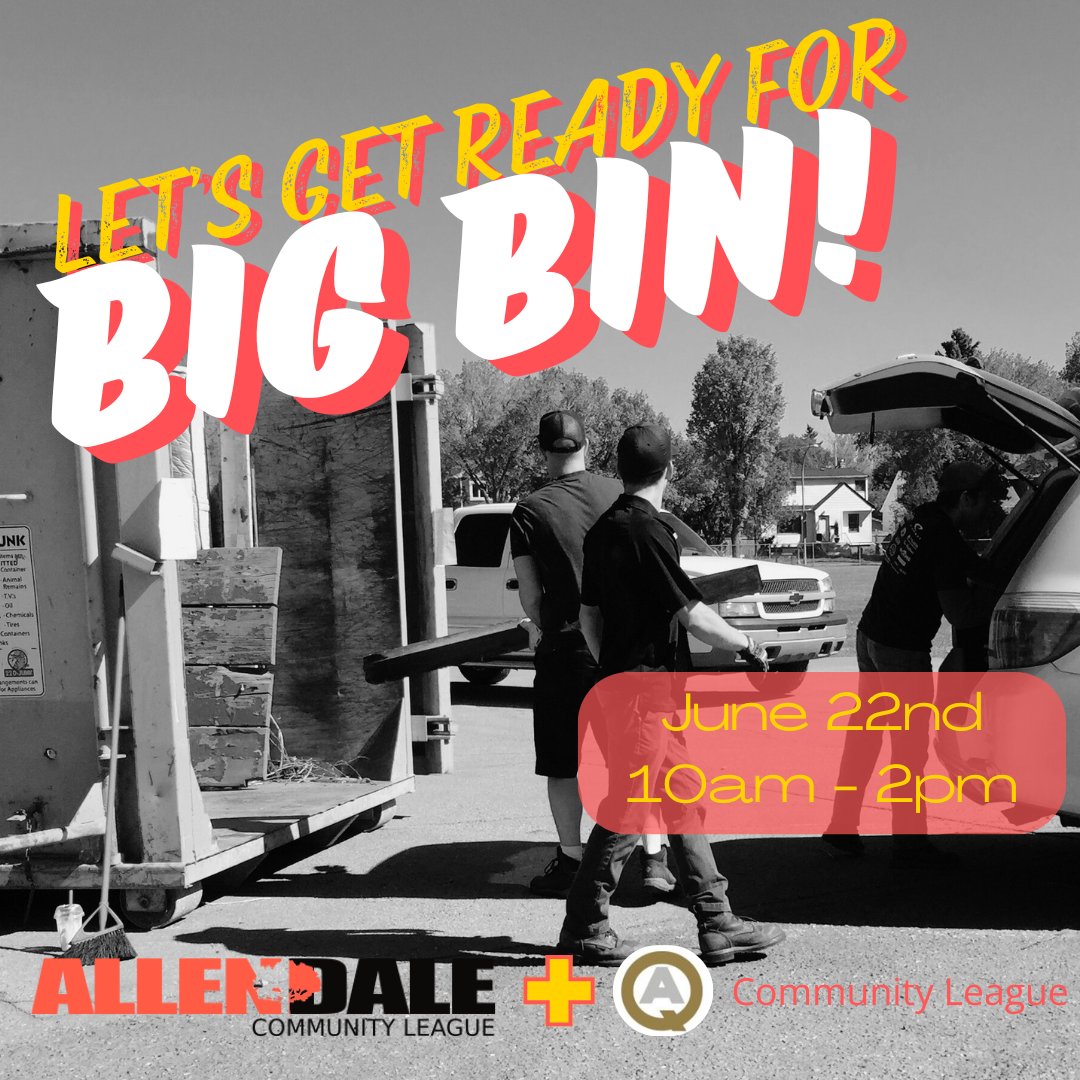 Big Bin is coming up fast, so start getting your items together! 
Allendale School parking lot, June 22, 10AM-2PM
You must be a member of Queen Alexandra or Allendale Community League to drop off items. Bring your # OR sign up @ the event
<a href="/albertarecycle/">Alberta Recycling</a> #allendaleyeg