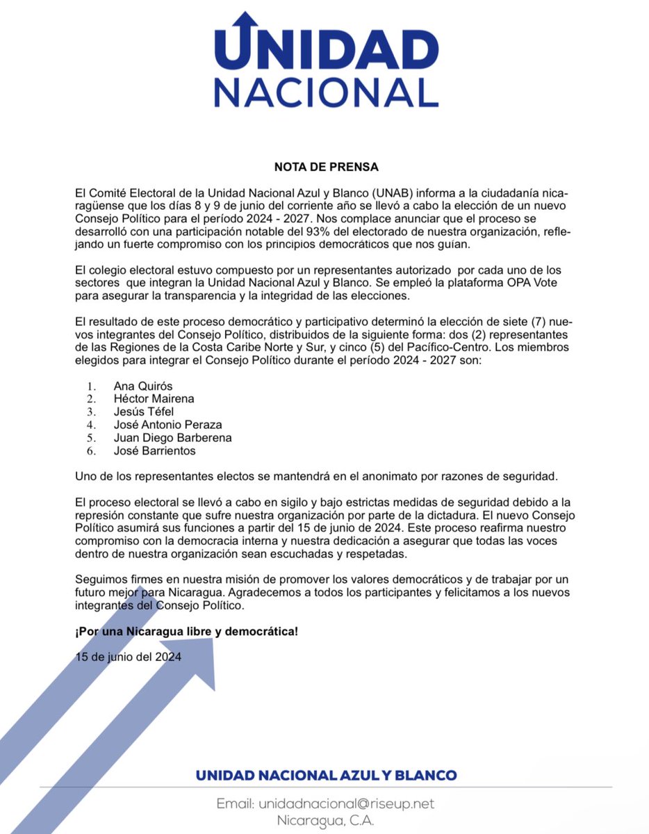 UnidadNic's tweet photo. El Comité Electoral de la Unidad Nacional Azul y Blanco (UNAB) informa a la ciudadanía nica- ragüense que los días 8 y 9 de junio del corriente año se llevó a cabo la elección de un nuevo Consejo Político para el período 2024 - 2027  #SomosUnidad https://t.co/Zse6fIQ7u0