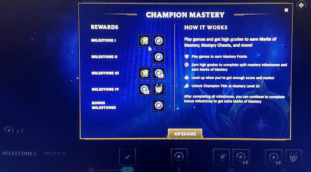 N_Clones's tweet image. Why did you guys removed #HextechChest reward for Milestone 1 of #ChampionMastery ?
Not just that, let's check the rewards: there's no chest for milestone1; click on exclamation mark: there it shows the damn chest!
Awesome my @$$ @riotgames !
@LeagueOfLegends 
#League_of_legends