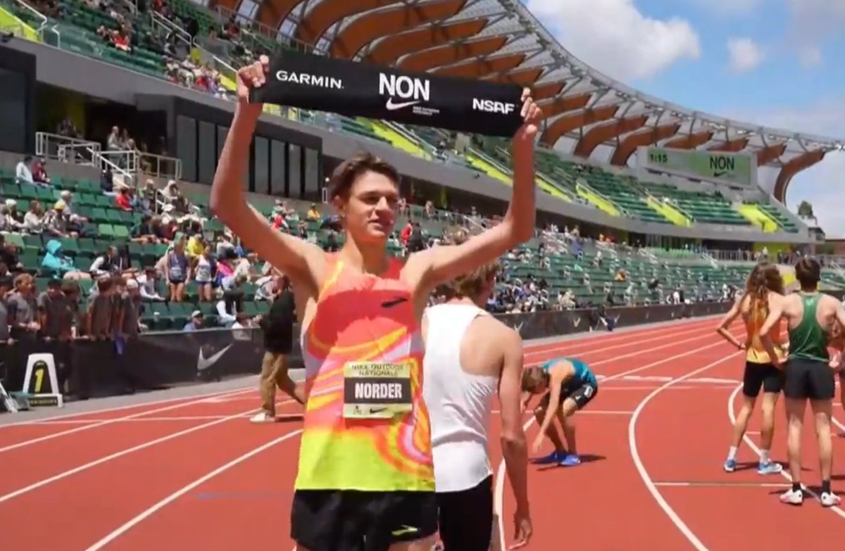 Seth Norder wins another big mile, the Nike race in 4:02.20, the No 6 outdoor performance in Michigan history. Just misses his new PR, but gets a 3:45.91 PR at 1500 to tighten his grip on No. 3 all-time. Also timed at 4:00.73 at 1600.