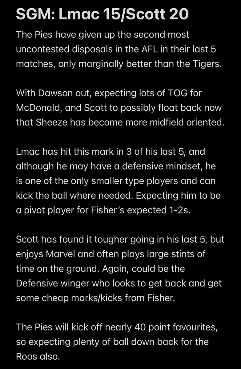 InnUnderBet's tweet photo. We’ve cooked up a 2 leg SGM for the early Sunday match between #aflRoosPies 

1U - L. McDonald 15+/ B.Scott 20+ @ $2.85 (Neds/Lads) https://t.co/qgIqsYh1iB