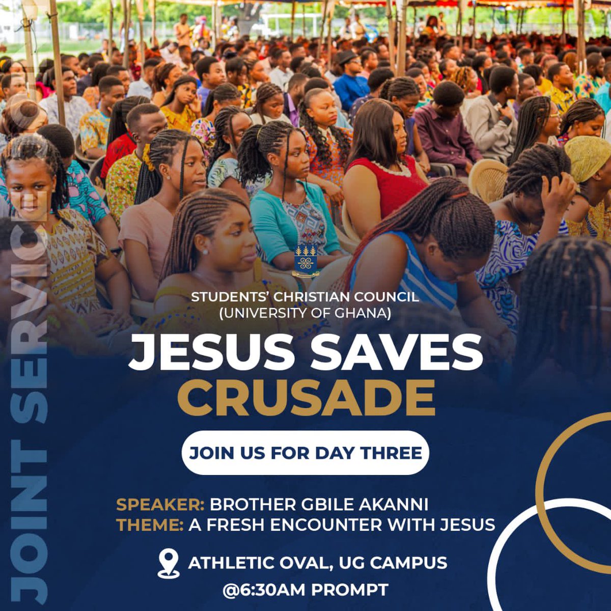 ghamsu_uglocal's tweet photo. Sunday Joint Service at 6:30AM at Athletic Oval. Come for fellowship, Word, and prayer. Expect blessings and a fresh encounter with Jesus!
#FreshEncounterWithJesus #SCCJointService https://t.co/ewICxCMHWc