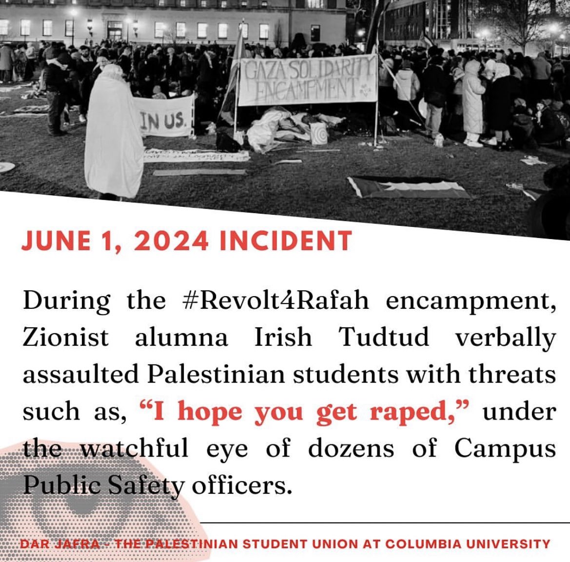ColumbiaSJP's tweet photo. Columbia University neglects harassment and attacks targeting Arab, Muslim, &amp; Palestinian students. Students have been told they should be raped and attacked with hazardous chemicals. Our statement with Dar Jafra: The Palestinian Student Union at Columbia 🧵 https://t.co/EmrDA6Seib