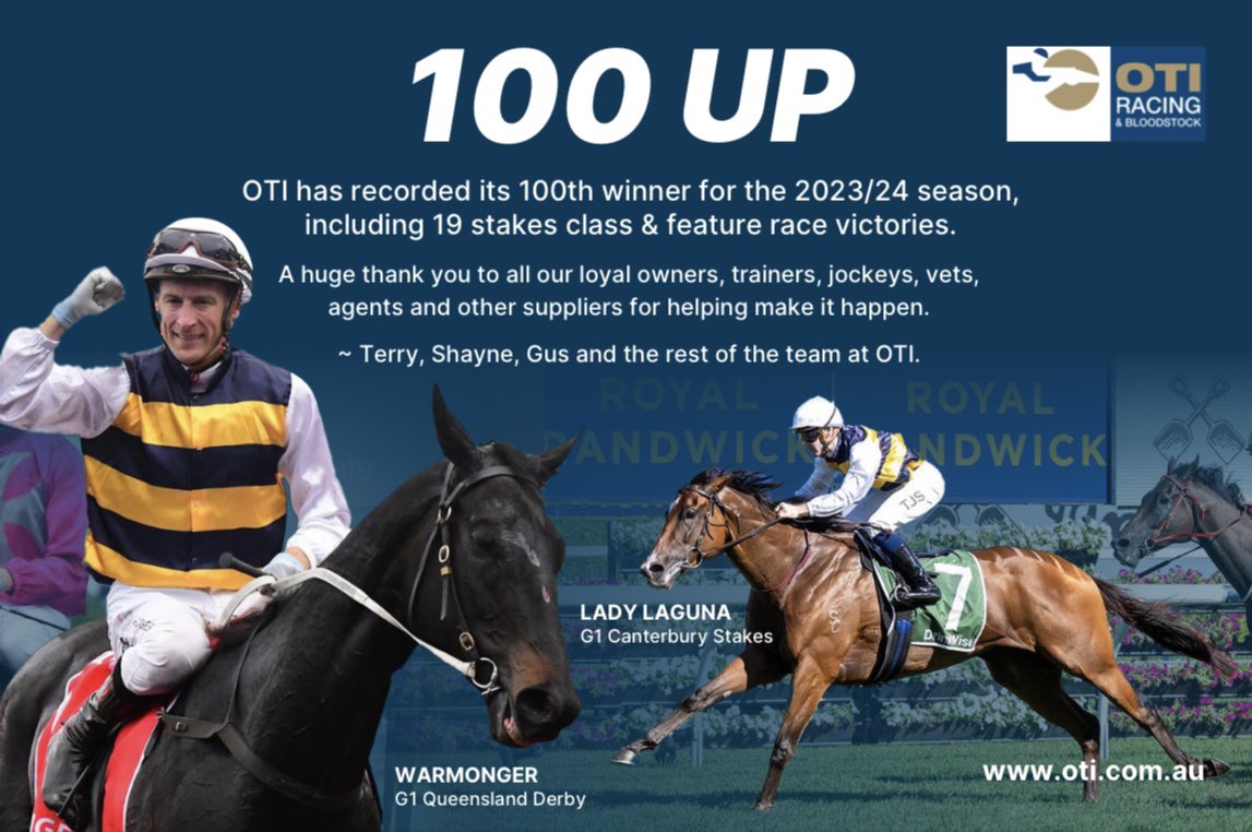 ✨OTI's 100th winner this season ✨

We want to take a moment and thank all our owners, trainers, jockeys, vets, agents and everyone who has supported OTI in the past. Let's finish off this season on a high!
