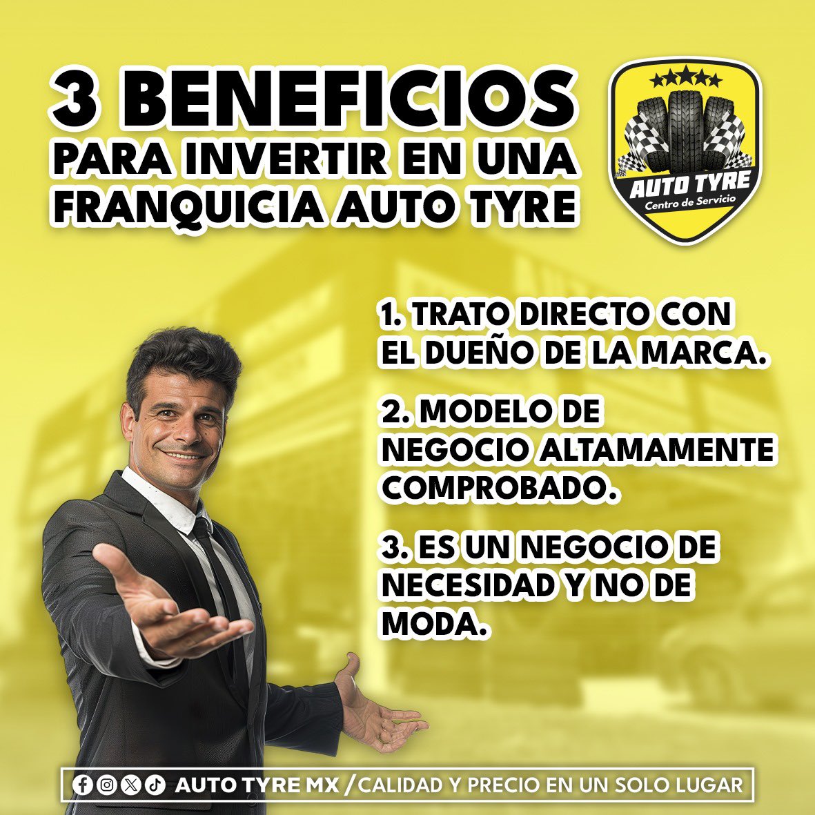 _AUTOTYRE's tweet photo. 🟡 ¡Descubre los beneficios de adquirir una franquicia AUTO TYRE!

Únete a la familia AUTO TYRE y lleva el mejor servicio automotriz a tu ciudad. 

¡Contáctanos hoy!

AUTO TYRE - Calidad y servicio en un solo lugar. https://t.co/Ko4KkBCrtQ