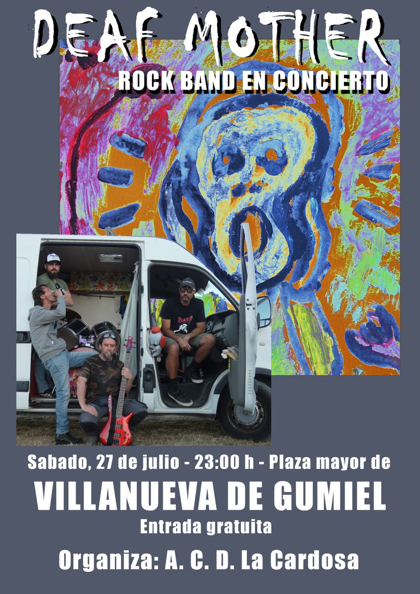 NEXT CONCERT!! Os esperamos el sábado 27 de Julio en Villanueva de Gumiel (Castilla y León)
Mucho rock y mucha diversión!!
#castillayleon #rock #concert #guitar #deafmother #bandrock