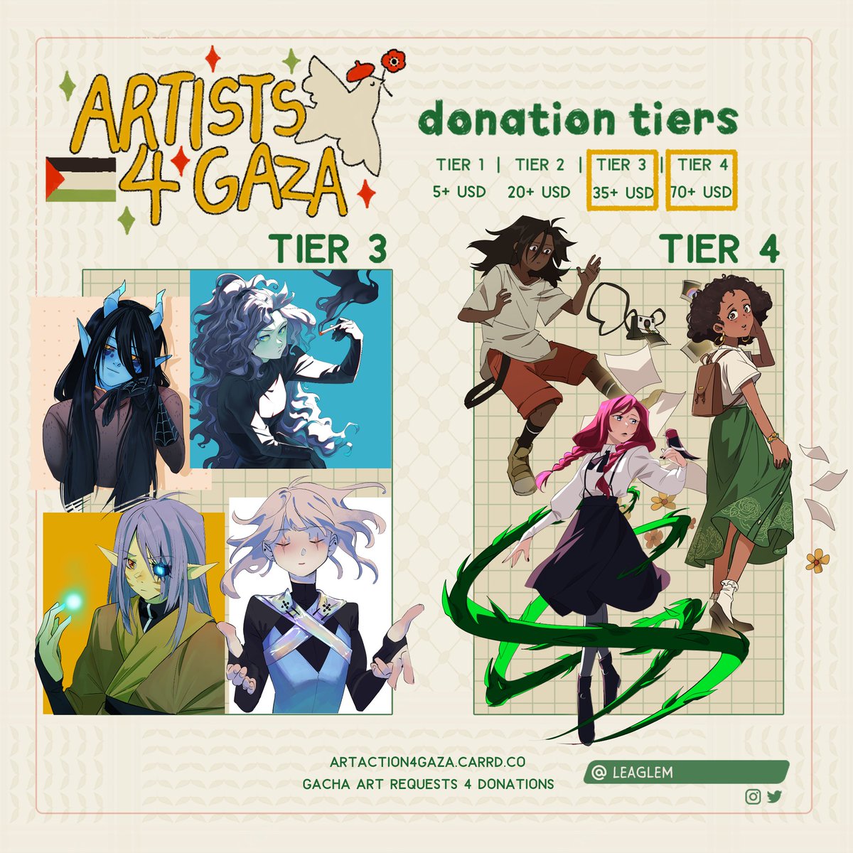 I'm participating in Artists 4 Gaza! Donate to a family's GFM, and you'll receive an art request from one of the amazing artists participating in this!
The requests I take on will get art similar to these pics 🙌
For information, please check the QRT ⬇️
