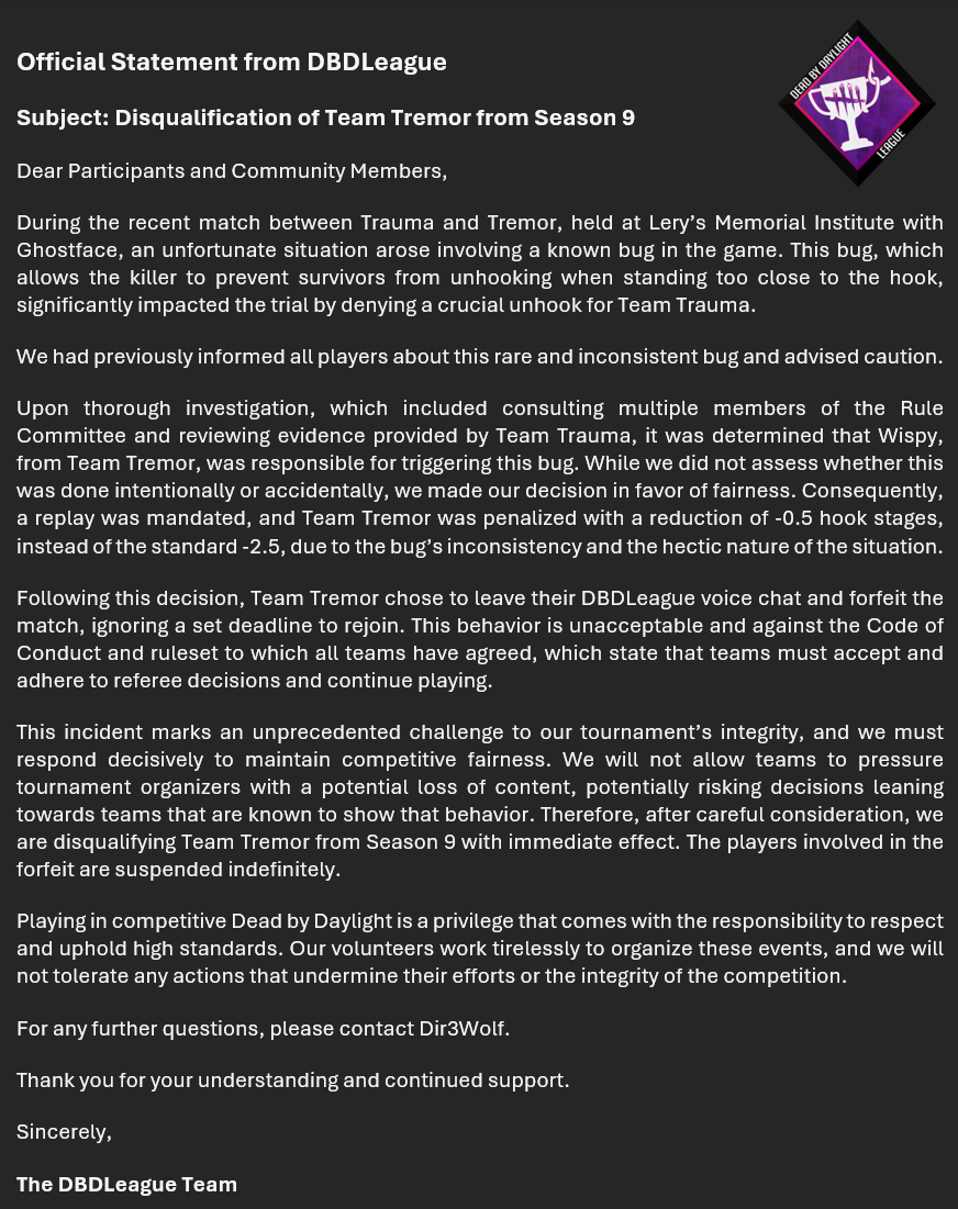 DBDLeague's tweet photo. Official Statement from DBDLeague
Subject: Disqualification of Team Tremor and Indefinite Suspension of Involved Players https://t.co/wdorGDiYz1