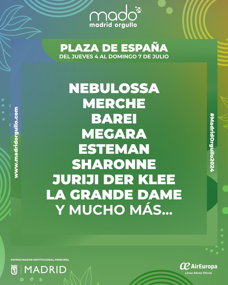 Formula_Music's tweet photo. 🏳️‍🌈🏳️‍🌈🏳️‍🌈
@Nebulossa_of, @MercheOficial, @BAREI_MUSIC, @weareMEGARA, @estemanmusic, @HelloSharonne, @JurijiDerKlee, etc... actuarán en La Plaza de España de Madrid en el #MadoMadridOrgullo 🤩 https://t.co/9iQ353p9J2