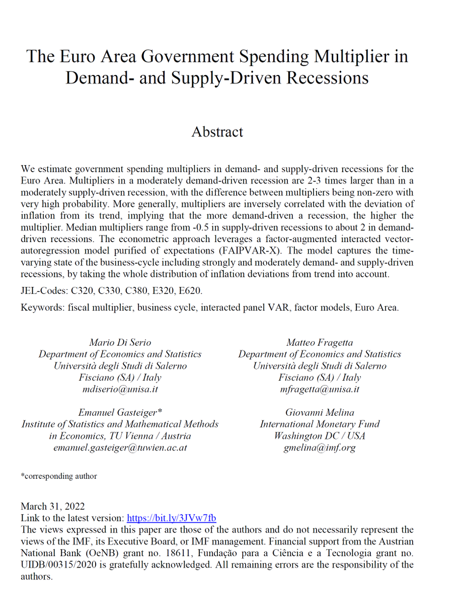 int_mon_econ's tweet photo. What an important topic! "The Euro Area Government Spending Multiplier in Demand- and Supply-Driven Recessions"

by M. Di Serio, M. Fragetta, E. Gasteiger, G. Melina in the Oxford Bulletin of Economics and Statistics
https://t.co/TNZUBDR4D4
Ungated version
https://t.co/zw55K6MPYk https://t.co/Z5oPKUcYLe