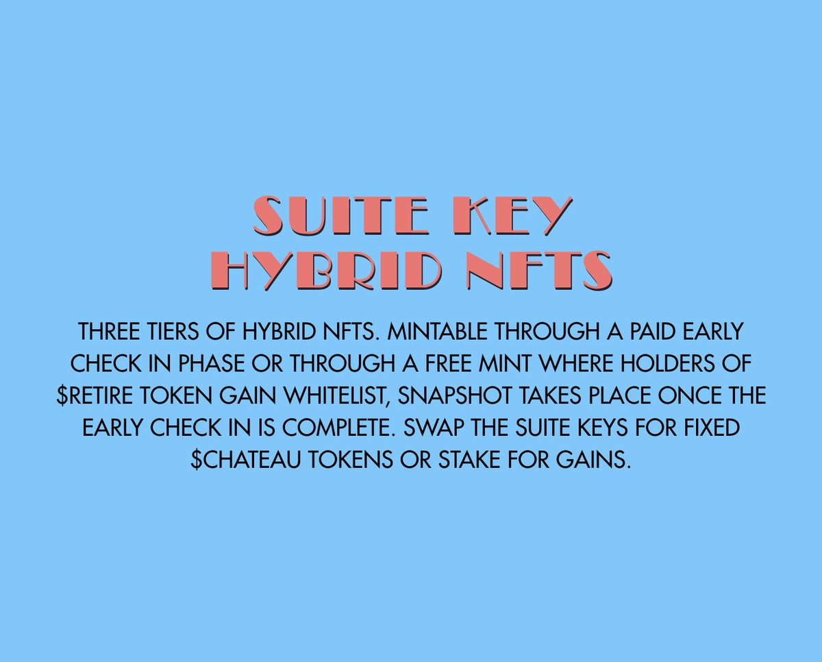 🔑 Suite Key Hybrid NFTs! 🔑

Three tiers, mintable through early check-ins or free mints.

Swap your keys for $CHATEAU tokens or stake for gains. Get ready for the snapshot! 📸

$RETIRE
#NFT #CHATEAU