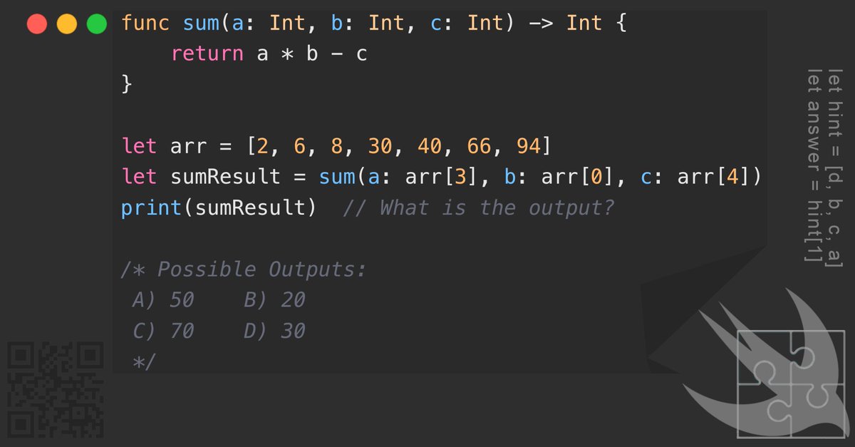 GregCoolShade's tweet image. โ
โโโโ Simple array and function puzzle in Swift! Can you find the output? #Swift #CodingPuzzle #ProgrammingChallenge