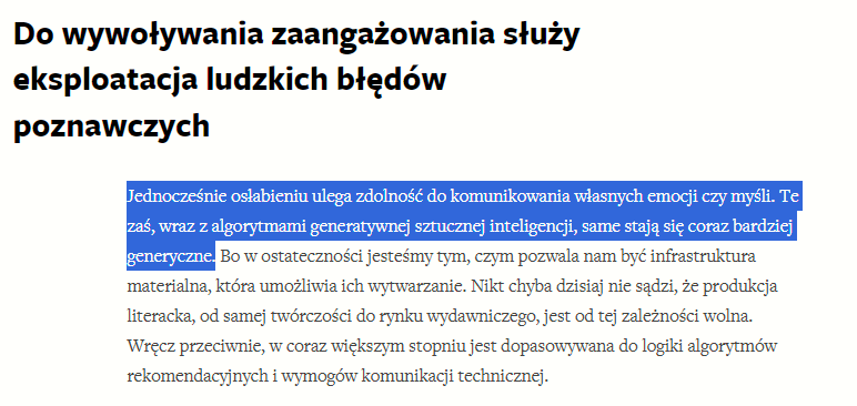 AI obnaża, jak bardzo generyczna stała się nasza kultura i kapitalistyczne warunki recepcji jej wytworów w czasoprzestrzeniach mediów społecz. 
Cena, jaką za nią płacimy polega na ubożeniu„społ. kapitał komunikowania”literatura-gł. budulec/ <a href="/Lukasz_Najder/">Łukasz Najder</a> dwutygodnik.com/artykul/11328-…
