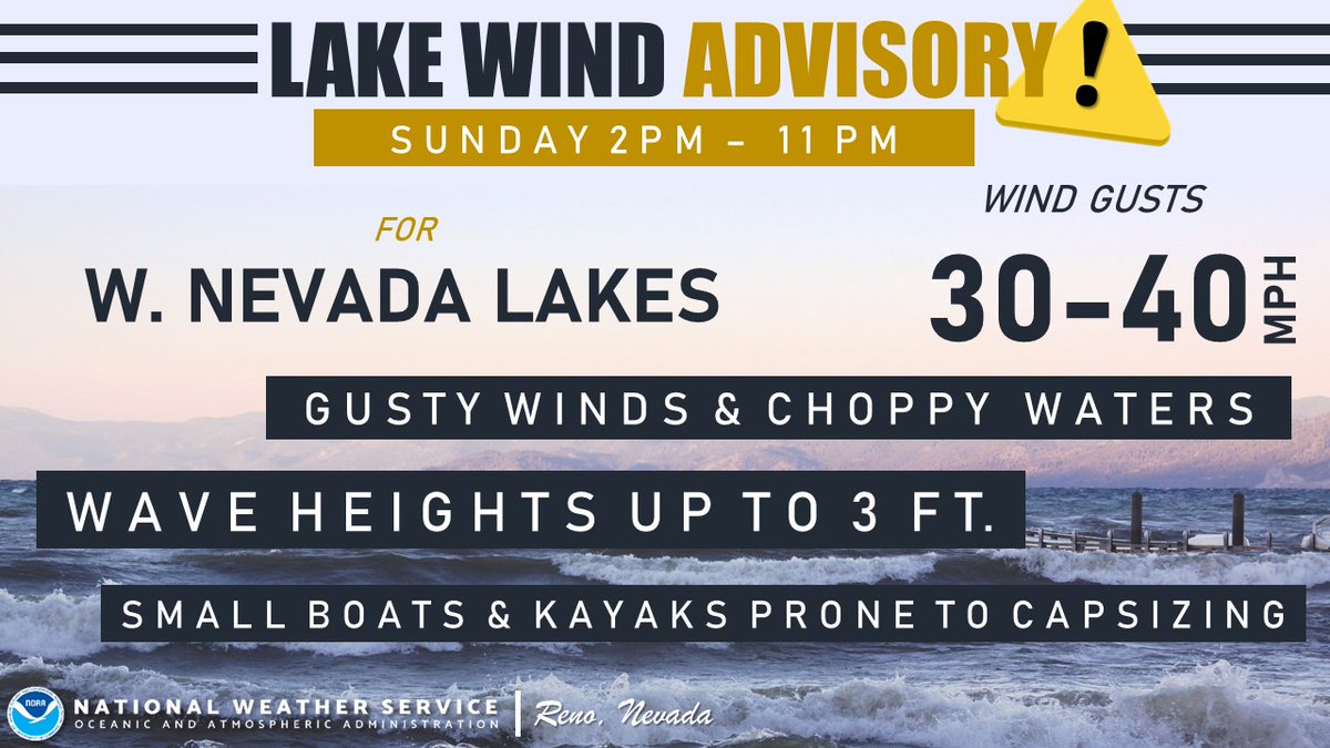 NWSReno's tweet image. ⚠️ Another afternoon of gusty winds in store for Father's Day, which of course means more fire weather   concerns &amp;amp; choppy lake waters tomorrow! 
More details below! ⬇️ #cawx #nvwx

Fire Weather Watch: tinyurl.com/4rryzk3u
Lake Wind Advisory: tinyurl.com/nhzdr558