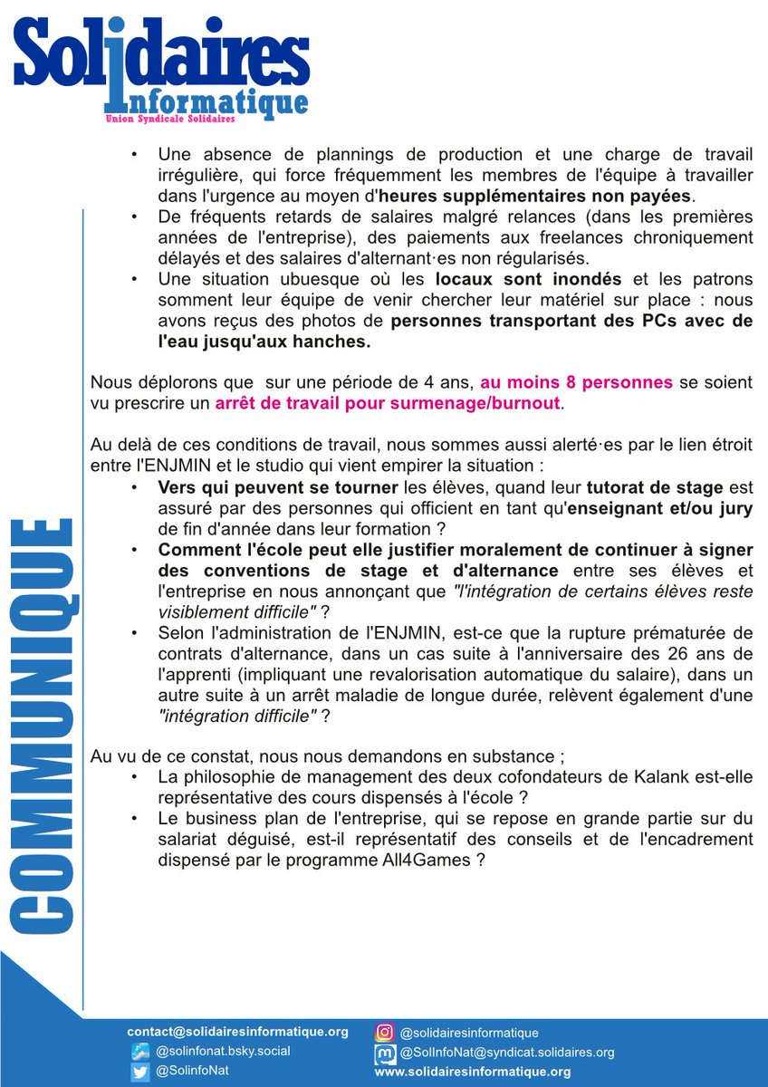 📢Que se passe-t'il au studio KALANK ?

Nous avons lancé il y a quelques semaines un appel à témoignages concernant le management au sein du studio KALANK.
Les témoignages reçus attestent de conditions de travail particulièrement dégradées.

solidairesinformatique.org/2024/06/15/que…