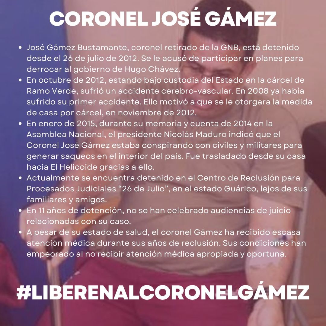 El respeto al derecho a la salud  es una condición  de respeto al derecho a la vida de una persona, máximo cuando las condiciones carcelarias son deplorables. Y es un deber del Estado para con los privados de libertad.  Exigimos medida humanitaria para el Coronel José Gamez